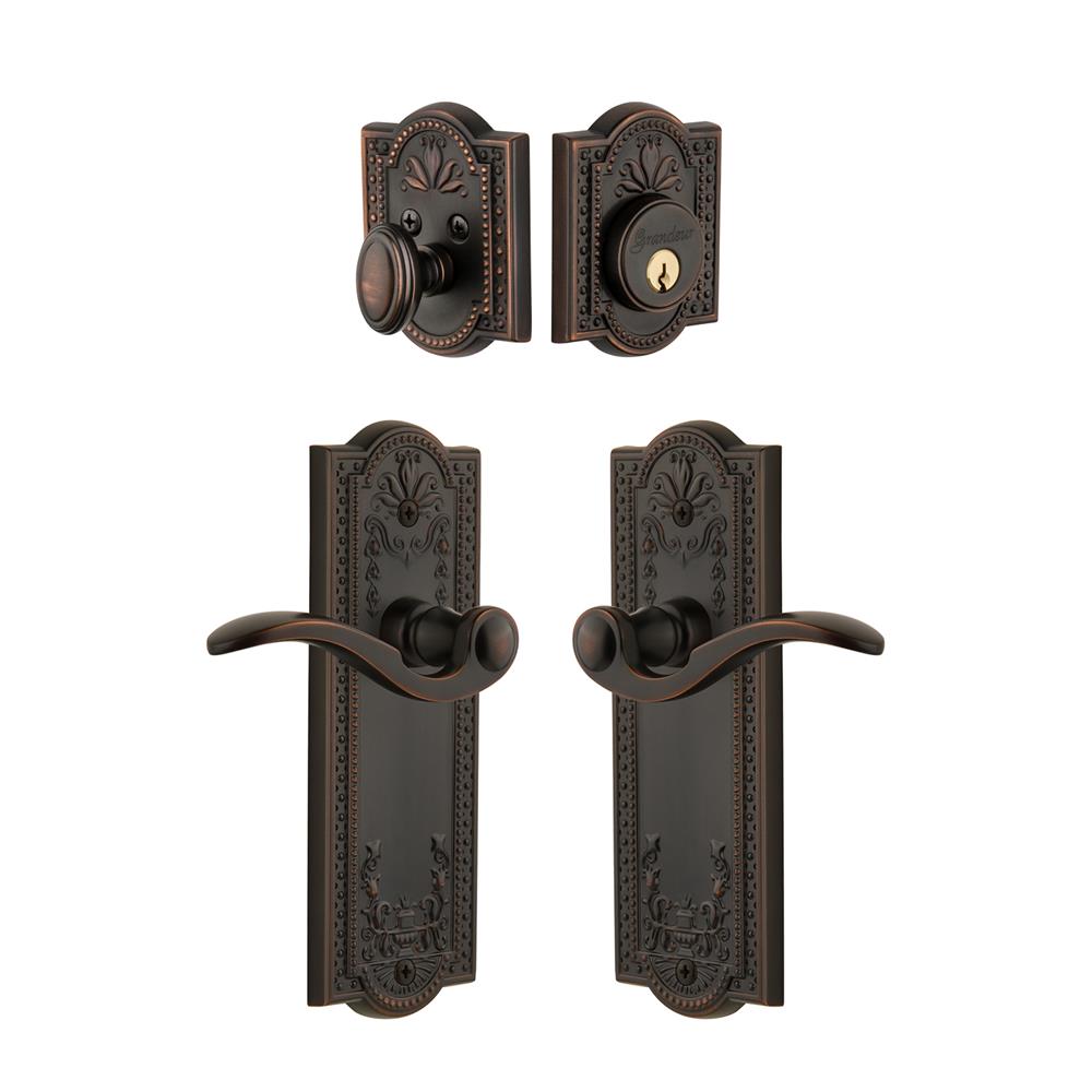 Grandeur by Nostalgic Warehouse Single Cylinder Combo Pack Keyed Differently - Parthenon Plate with Bellagio Lever and Matching Deadbolt in Timeless Bronze